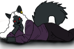 A black anthro wolf character who is laying down. He has long white hair, wears a purple sweater and black pants. His eyes are red.