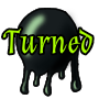A small black button that appears to be made from goo. The button is a link. The Goo is dripping down a little bit. On the button is the word turned written in neon green letters. 