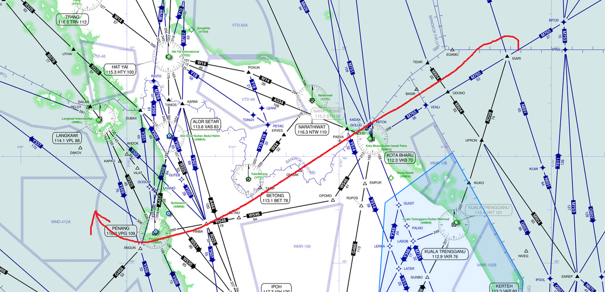 Luftstraen und mutmalicher Weg MH370