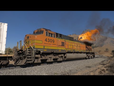 Youtube: TRAIN ON FIRE!!! BNSF RAILWAY DPU catches fire in Tehachapi! Full Video with footage of firefight !!
